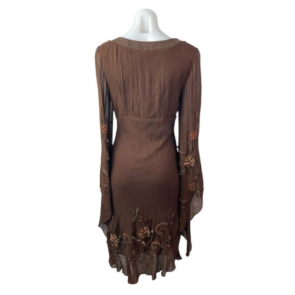 Sue Wong Brown 100% Silk Beaded Long Sleeve V Neck Mesh Midi Sheath Dress Size 6 - Picture 4 of 6